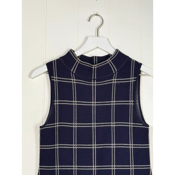 Ann Taylor· Small Petite · Navy Cream Grid Knit Dress · Mock Neck · Sleeveless - Picture 6 of 7